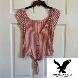 AMERICAN EAGLE - Pink and White Stripe Crop Top with Tie at the bottom (L)